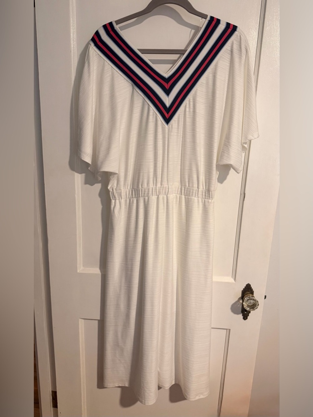NWT Women's Jersey V-Neck Midi Dress with Striped Trim